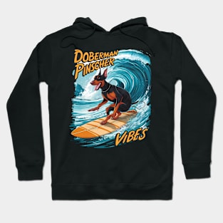 Doberman Pinscher Surfer Riding Tropical Wave Hoodie